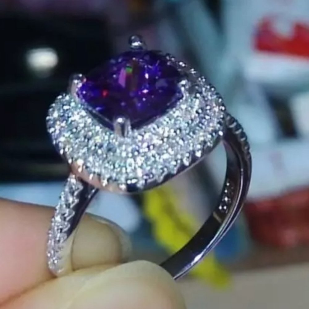 *NEW Purple Cushion Amethyst Diamond Halo Ring - Picture 6 of 7